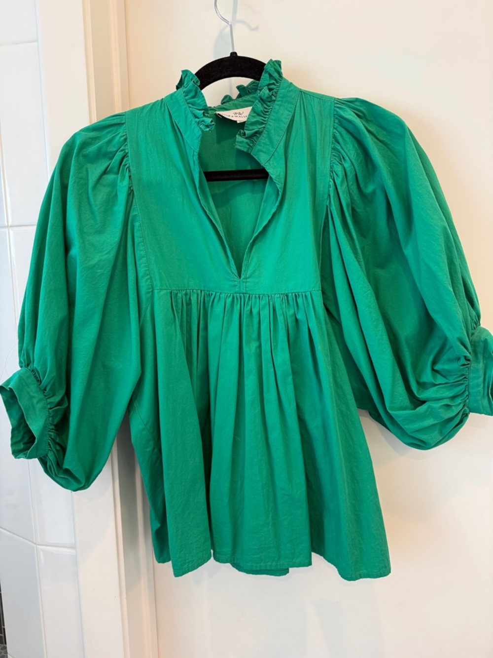 Green Puff-Sleeve Ruffled Peasant Top